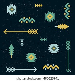 Set tribal, ethnic, aztec, boho chic, geometric elements, hipster logo, business label, navajo. Arrows, feather 