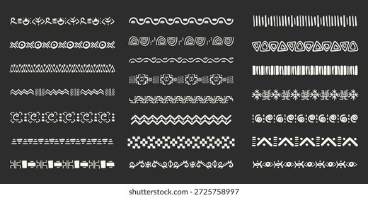 Set ethnische Stammesgrenze, Trenner doodle handgezeichnete Buntstift aus geometrischen Formen isoliert dunklen Hintergrund. Boho Motiv skandinavischen Schlag, traditionelle einheimische Dekor.