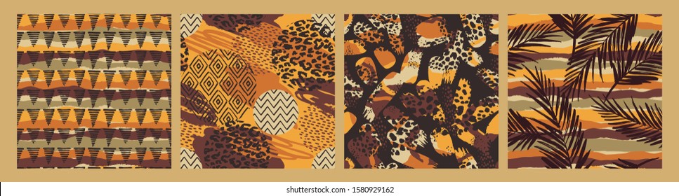 Set of Tribal ethnic seamless patterns with animal print, brush strokes and palm leaves.  Hand made effect. Vector background