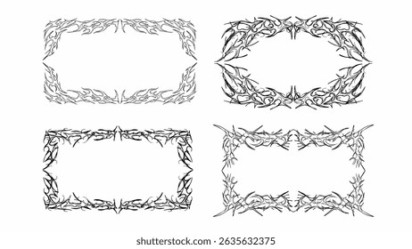 Set of tribal fire frames, cyber gothic hand drawn style symmetrical shape, bold abstract border. Cyber flame sigilism vintage vector design elements isolated