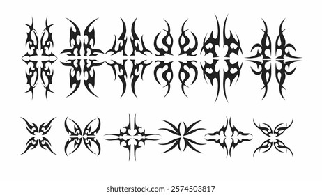 set of tribal floral symmetrical vector designs with sharp, intricate patterns and abstract ethnic elements. Ideal for tattoos, decorations, and graphic art