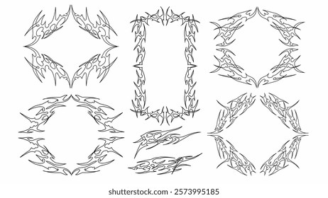 set of tribal frames vector design. Line art Symmetrical gothic style shape with Sharp and stiff touch, hand drawn abstract borders. Cyber sigilism black white design decoration