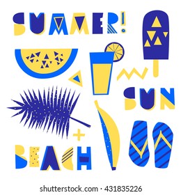 A set of tribal geometric summer design elements and decorative letters in blue and yellow isolated on white background. Perfect for summer themed advertising, wall art, t-shirt designs.