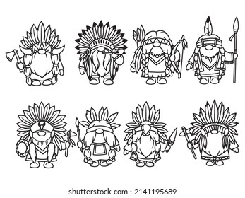 Set of tribal gnome. Collection of native gnome with feathers. Funny fairy character. Vector illustration of  holiday postcard.