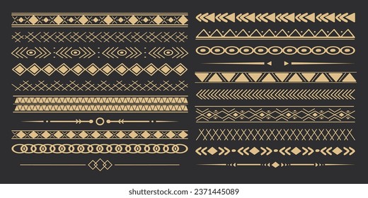 Set tribal golden ethnic arrow dividers, native indian bow boho in doodle style isolated on dark background. Collection borders, decoration elements