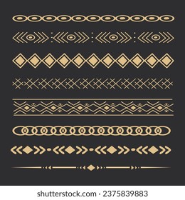 Set tribal golden ethnic arrow dividers, native indian bow boho in doodle style isolated on dark background. Collection borders, decoration elements