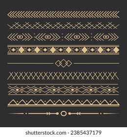 Set tribal golden ethnic arrow dividers, native indian bow boho in doodle style isolated on dark background. Collection borders, decoration elements