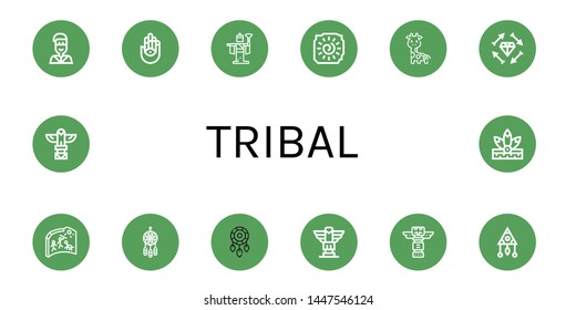 Set of tribal icons such as Native american, Hamsa, Kabuki, Cave painting, Giraffe, Boho, Dreamcatcher, Totem , tribal