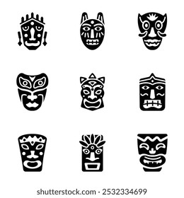 Set of Tribal Idol Masks Solid Icons  

