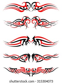 Set of Tribal Indigenous Tattoos in Black and Red Colors. Elegant Smooth Design Over White Background. Vector Illustration.