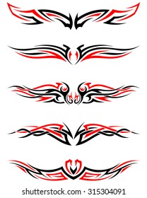 Set of Tribal Indigenous Tattoos in Black and Red Colors. Elegant Smooth Design Over White Background. Vector Illustration.