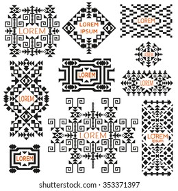 Set of tribal logos. Ethnic style. American Indian or asian motifs. Black vector illustration. Good for frames, borders and like a background. Abstract geometric collection.