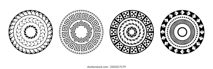 Set von Stammes-Mandalakunst, abstrakte kreisförmige geometrische Designs in polynesischen und hawaiianischen Stilen. Azteken-Mandalas