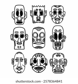 Set of tribal mask designs with unique and intricate patterns. Perfect for cultural projects, tattoo designs, posters, and branding