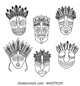 Set of Tribal masks. Masks with different emotion. Hand drawn vector stock illustration.