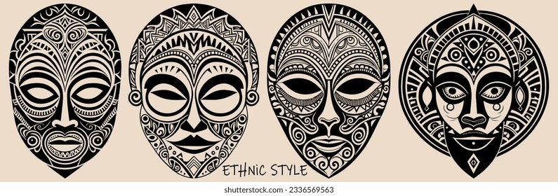 Set of tribal masks, faces, outline, silhouette isolated on white background. Black templates. Ethnic heritage of East, Asia, India, Mexico, Aztec, Africa, Peru in line art style.