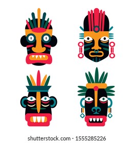 Set Of Tribal Masks. Inca, Maya, Aztec Traditional Symbols. Flat Vector Illustration In Bright Colors. Isolated On White.