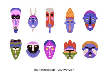 Set of tribal masks. A variety of vector icons with ancient ritual masks conveying the essence of Aztec and African ceremonial culture. Flat style on isolated background.