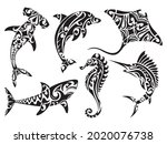Set of tribal ocean fish. Collection of ethnic tropical ocean underwater animals shark, sea horse. Polynesian marine inhabitants. Tattoo. Vector illustration of Hawaiian fish on a white background.
