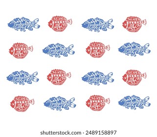 Set of tribal ocean fish. Collection of ethnic tropical ocean underwater animals Carp, Tilapia, Nile. Tattoo. Vector illustration of Indonesian fish on a white background.