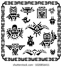 Set of tribal owls. Ancient maya elements and symbols. Black and white silhouette of birds. Cartoon collection of ethnic hand drawing style. Vector illustration