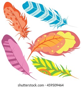 Set tribal painted colored feathers. On a white background. Vector illustration.
