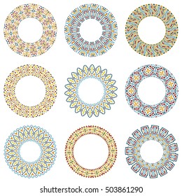Set of tribal round patterns in ethnic style. Colorful vector illustration