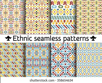 Set of tribal seamless patterns. American Indian or asian motifs. Colorful vector illustration. Good for frames, borders and like a background. Abstract geometric collection. Stripes in ethnic style
