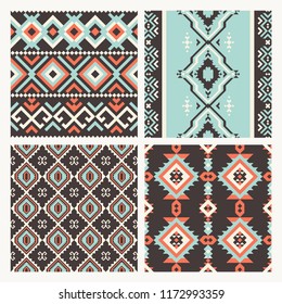 Set of tribal seamless patterns. Ethnic print with geometric ornament.