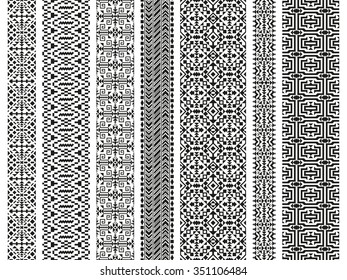 Set of tribal seamless patterns. Stripes in ethnic style. American Indian or asian motifs. Black vector illustration. Good for frames, borders and like a background. Abstract geometric collection.