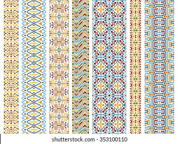 Set of tribal seamless patterns. Stripes in ethnic style. American Indian or asian motifs. Colorful vector illustration. Good for frames, borders and like a background. Abstract geometric collection.