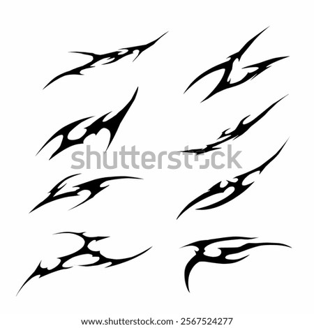 Set of tribal shapes with a stiff touch, hand drawn vector design gothic sigilism tattoo elements isolated on white background