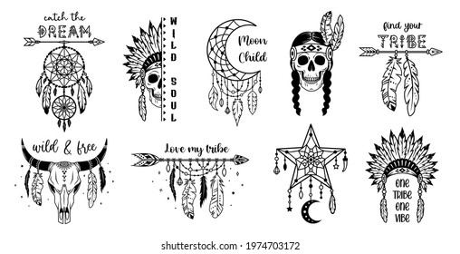 Set of tribal silhouette designs. Native american monochrome signs with inspirational quotes. Ethnic wild west collection. Traditional indian symbols. Boho style print for posters, card, tshirt.