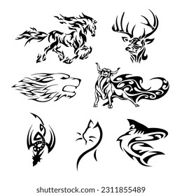 a set of tribal style animal tattoo sketches. EPS 10 black and white vector drawing