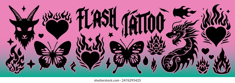 A set of tribal style flash tattoos with trendy graphic images of flames, ornaments, hearts, butterflies, goat and dragon heads and other designs.