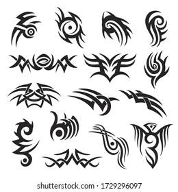 Set of tribal style tattoo design, arm band, adornment, decoration. Folk motif, image of eye, snake, bird, spider, flame, wave, swirl. Vector black monochrome illustration collection isolated on white