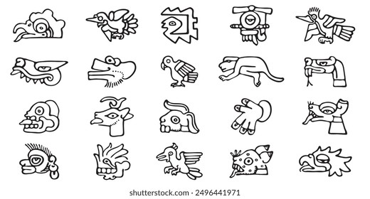 Un conjunto de símbolos tribales, Vector aislado en blanco y negro. Al estilo americano. Estilo de animales aztecas Diseños mexicanos