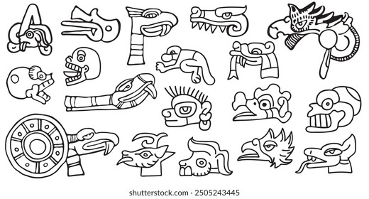 Un conjunto de símbolos tribales, Vector aislado en blanco y negro. Al estilo americano. Estilo de animales aztecas Diseños mexicanos