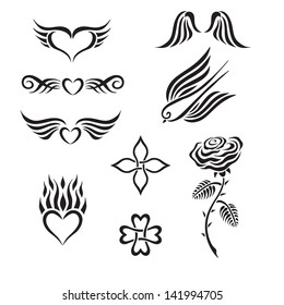 Set of tribal tattoo including hearts, rose, swallow, wings