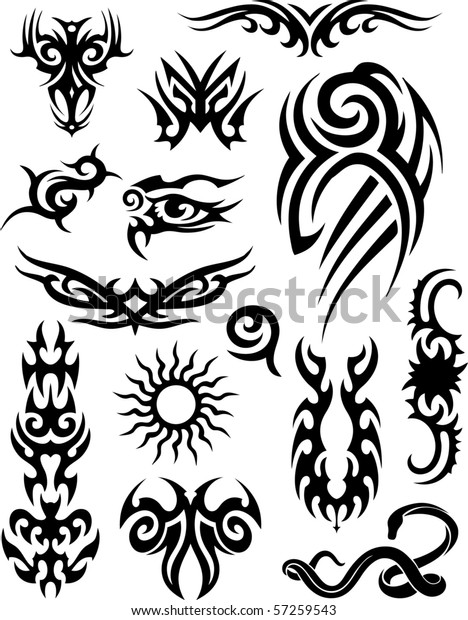 蛇 太陽 頭蓋骨 目などの部族の刺青 のベクター画像素材 ロイヤリティフリー