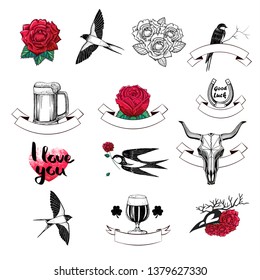 Set of tribal tattoos in black and white with red roses, birds, bull skull, alcoholic drinks isolated on white background
