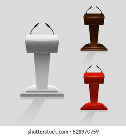 Set of Tribune for performances speaker with microphones on stage, a templates for design activities. Vector illustration 