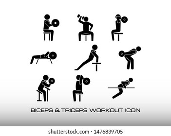 Set of Triceps and Biceps Icon Workout in Gym Center. Consist of Nine Black Illustration about Arms Training, Among Them Triceps Extension, Biceps Curl and More.  Isolated on White Background