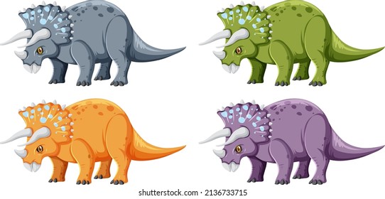 A set of triceratops dinosaurs on white background illustration