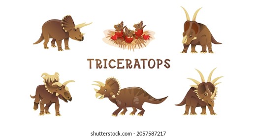 Un conjunto de Dinosaurios Triceratops. Ilustración vectorial de un gran dinosaurio prehistórico de triceratops. 5 dinosaurios diferentes con picos. Cubos de reptiles antiguos aislados en un fondo blanco.