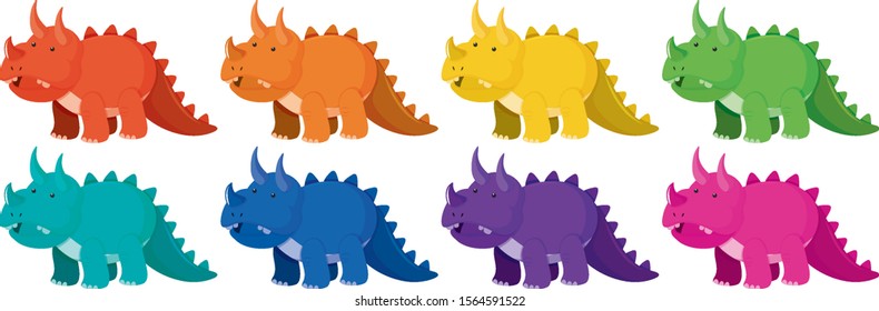 Set of triceratops in eight different colors illustration