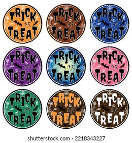 Set of Trick or Treat colourfull stamps for Halloween, hand made, vector illustration