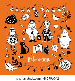 Set of Trick Or Treat, Halloween objects and elements, hand drawn doodle vector illustration