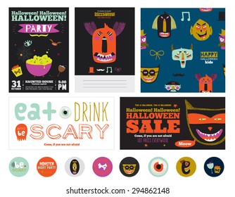 Set Trick or Treat Poster Cards in vector. Stylish Halloween Illustration with Cute, Funny, Evil, Fearsome Monsters in Cartoon Style. October Templates for Placards, Posters, Flyers and Banners