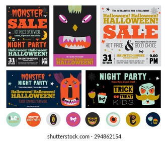 Set Trick or Treat Poster Cards in vector. Stylish Halloween Illustration with Cute, Funny, Evil, Fearsome Monsters in Cartoon Style. October Templates for Placards, Posters, Flyers and Banners